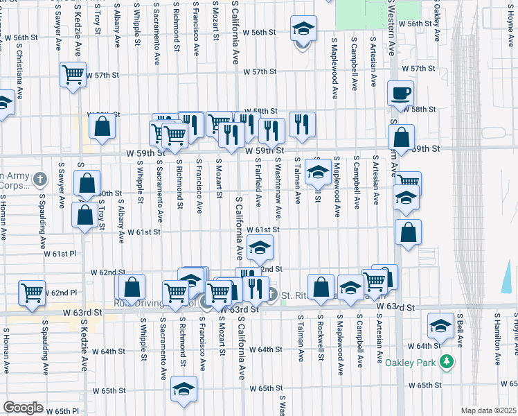 map of restaurants, bars, coffee shops, grocery stores, and more near 6017 South California Avenue in Chicago
