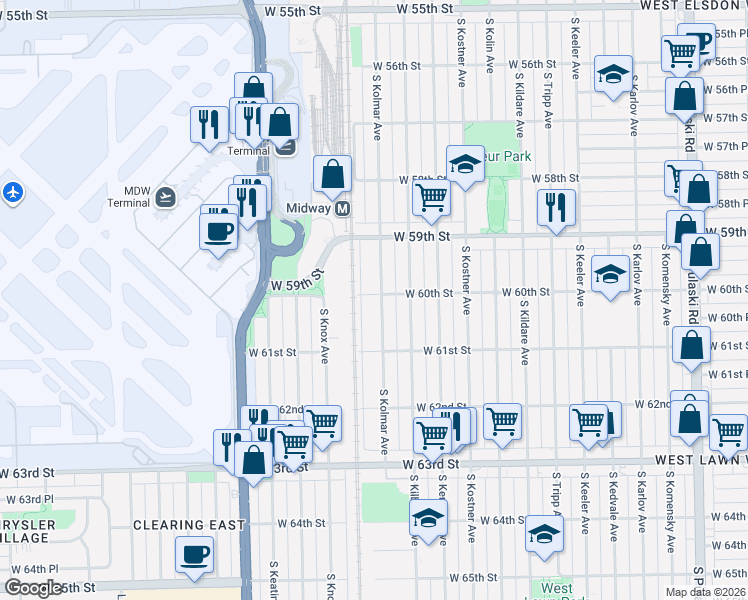 map of restaurants, bars, coffee shops, grocery stores, and more near 5952 South Kolmar Avenue in Chicago
