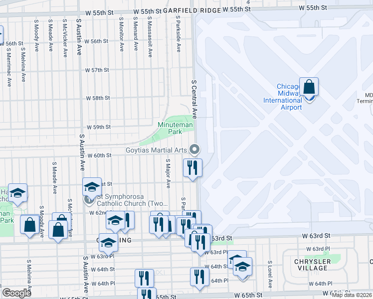 map of restaurants, bars, coffee shops, grocery stores, and more near 5944 South Parkside Avenue in Chicago