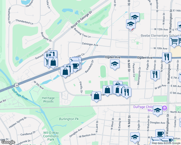 map of restaurants, bars, coffee shops, grocery stores, and more near 890 Benedetti Drive in Naperville