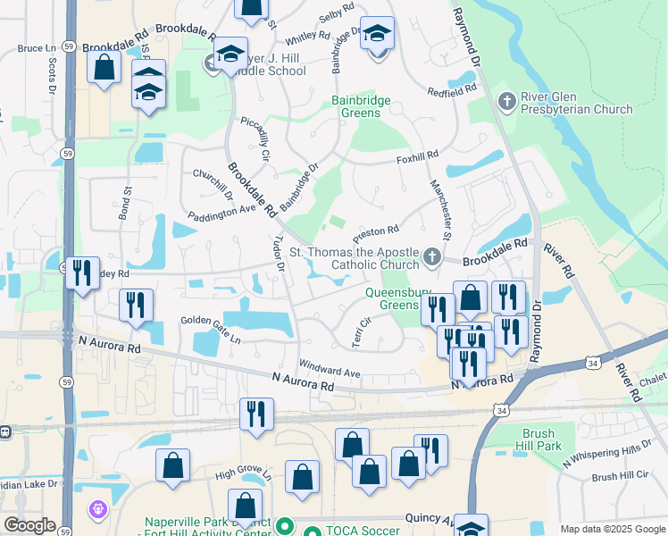 map of restaurants, bars, coffee shops, grocery stores, and more near 1650 Brookdale Road in Naperville