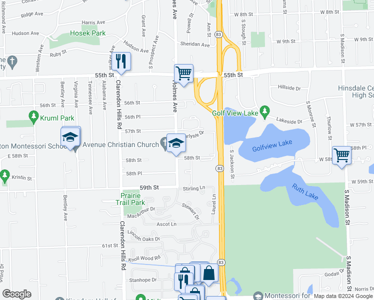 map of restaurants, bars, coffee shops, grocery stores, and more near 550 Chase Drive in Clarendon Hills