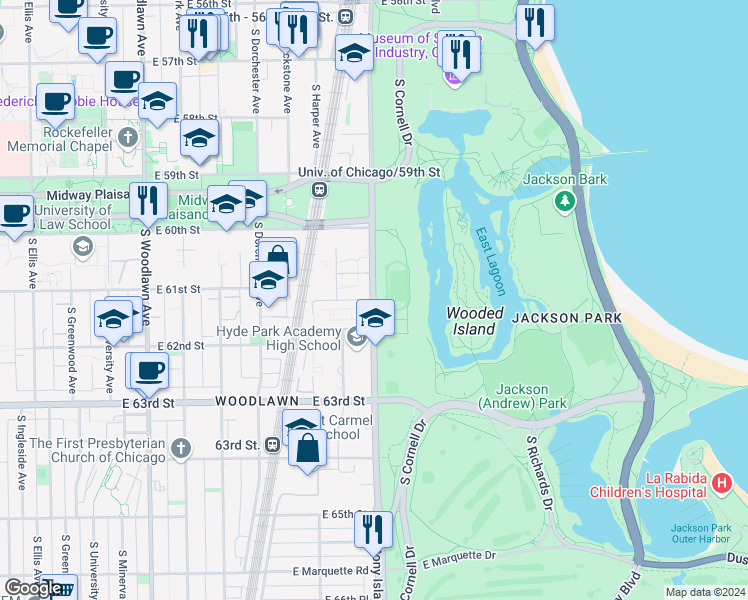 map of restaurants, bars, coffee shops, grocery stores, and more near East Park Shore East Court in Chicago