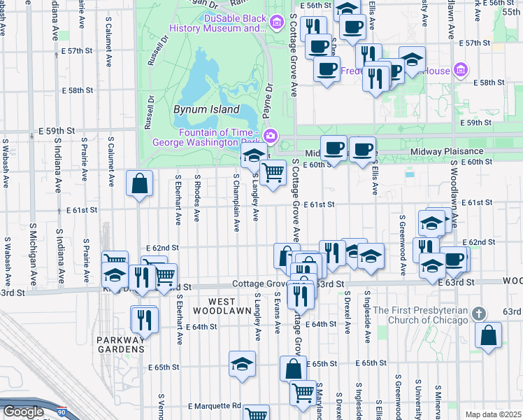map of restaurants, bars, coffee shops, grocery stores, and more near 6102 South Evans Avenue in Chicago