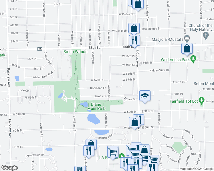 map of restaurants, bars, coffee shops, grocery stores, and more near 610 South Adams Street in Westmont