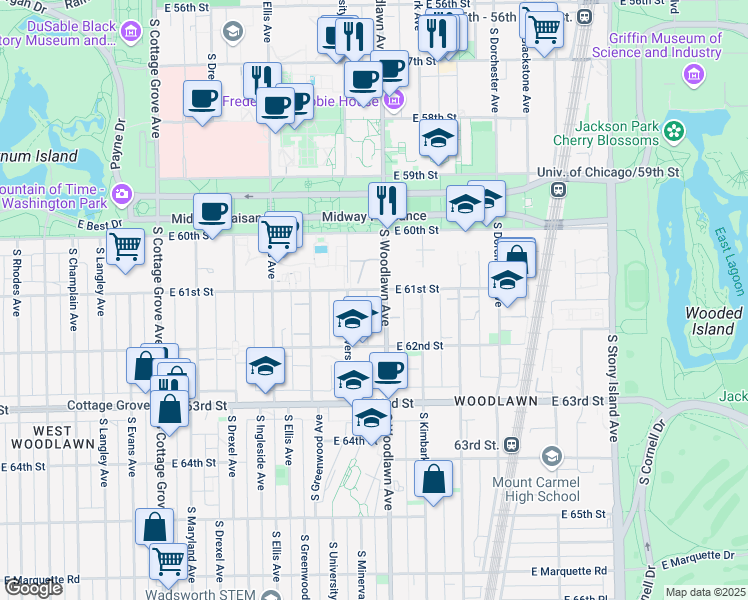 map of restaurants, bars, coffee shops, grocery stores, and more near 6104 South Woodlawn Avenue in Chicago