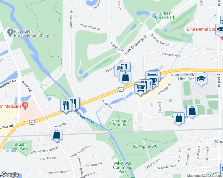 map of restaurants, bars, coffee shops, grocery stores, and more near 1053 Ogden Avenue in Naperville