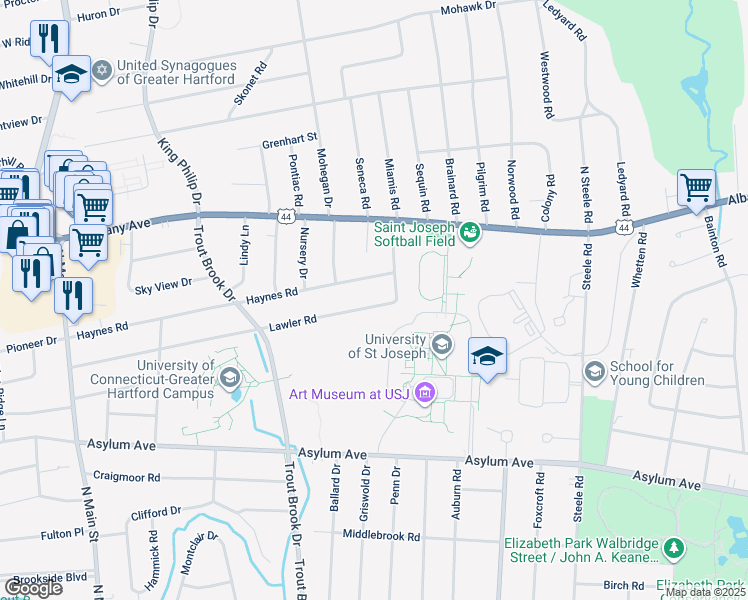 map of restaurants, bars, coffee shops, grocery stores, and more near 12 Lawler Road in West Hartford
