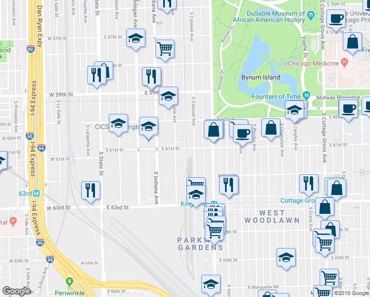 map of restaurants, bars, coffee shops, grocery stores, and more near 312 East 61st Street in Chicago