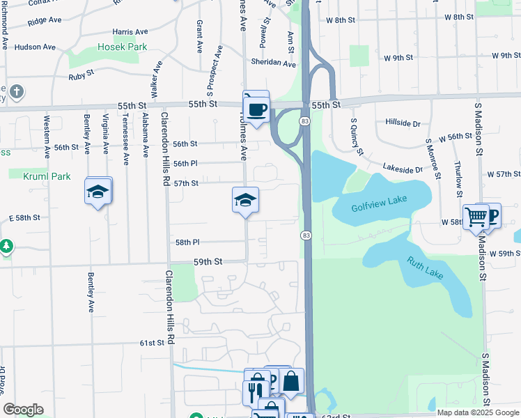map of restaurants, bars, coffee shops, grocery stores, and more near 550 Chase Drive in Clarendon Hills