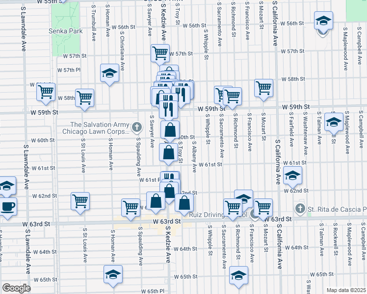 map of restaurants, bars, coffee shops, grocery stores, and more near 6013 S Troy St in Chicago