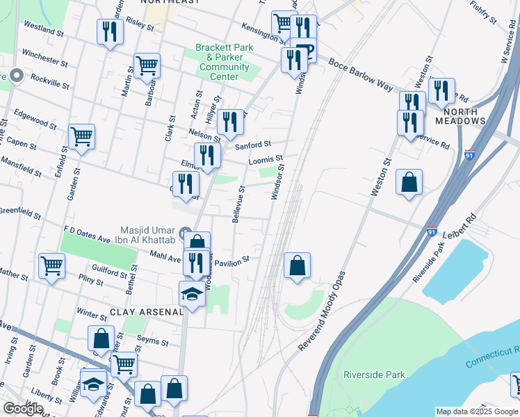 map of restaurants, bars, coffee shops, grocery stores, and more near 619 Windsor Street in Hartford