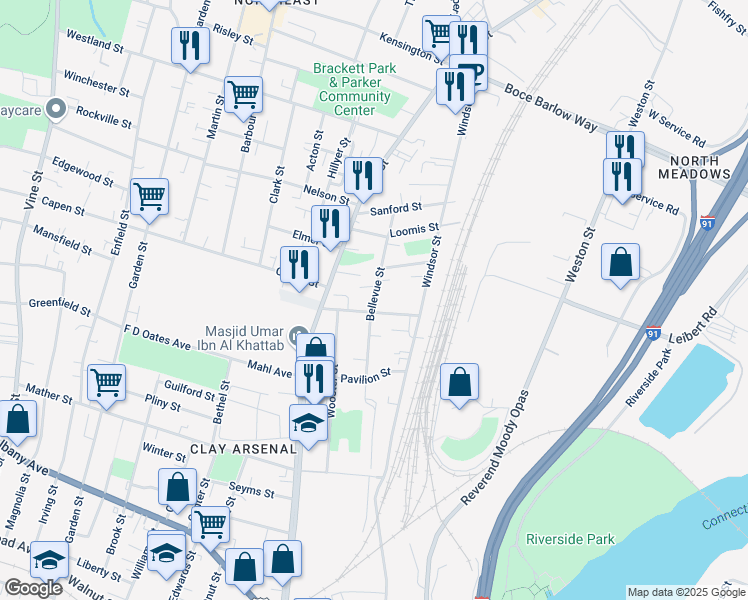 map of restaurants, bars, coffee shops, grocery stores, and more near 269 Bellevue St in Hartford