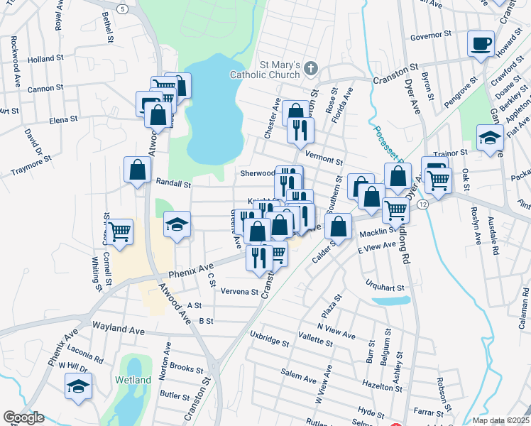 map of restaurants, bars, coffee shops, grocery stores, and more near 94 Briggs Street in Cranston