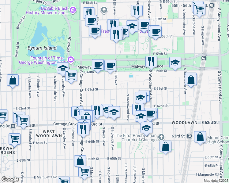 map of restaurants, bars, coffee shops, grocery stores, and more near 6106 South Ellis Avenue in Chicago