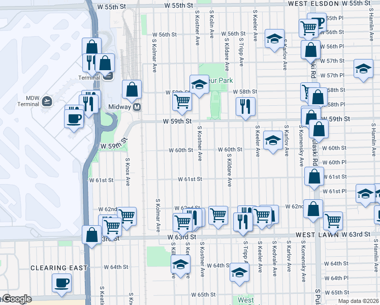 map of restaurants, bars, coffee shops, grocery stores, and more near 6001 South Kenneth Avenue in Chicago