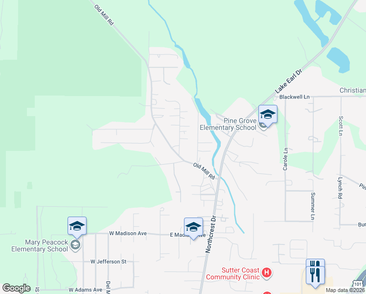 map of restaurants, bars, coffee shops, grocery stores, and more near 2121 Harmony Lane in Crescent City