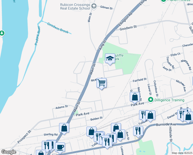 map of restaurants, bars, coffee shops, grocery stores, and more near 14 Mc Kee Street in East Hartford