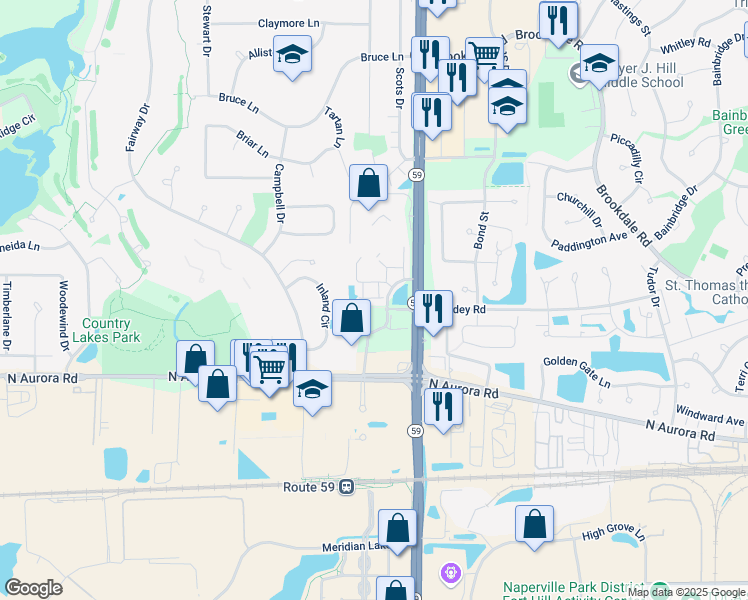 map of restaurants, bars, coffee shops, grocery stores, and more near 1929 Oxley Circle in Naperville