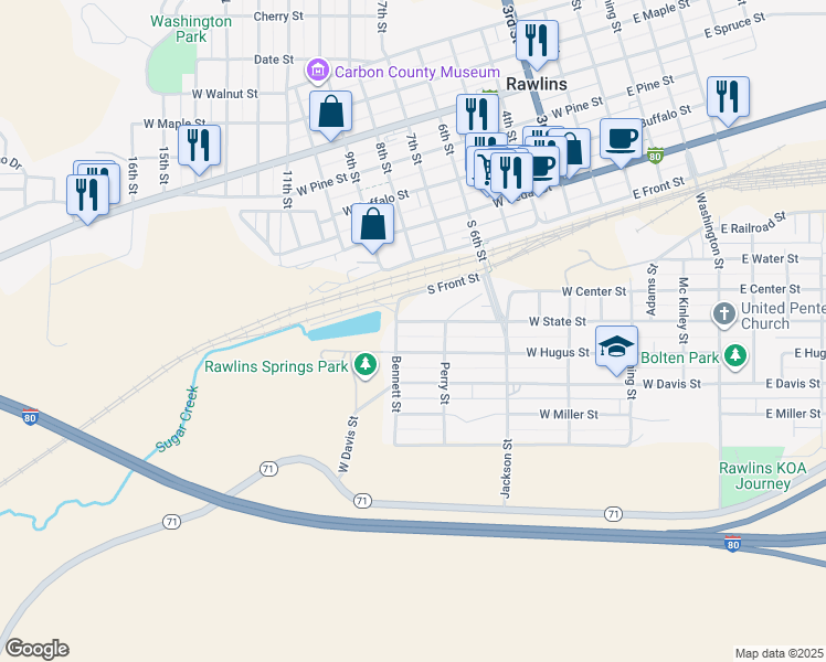 map of restaurants, bars, coffee shops, grocery stores, and more near 400-498 Bennett St in Rawlins