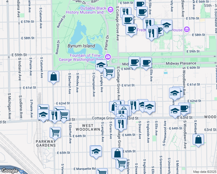 map of restaurants, bars, coffee shops, grocery stores, and more near 6102 South Evans Avenue in Chicago