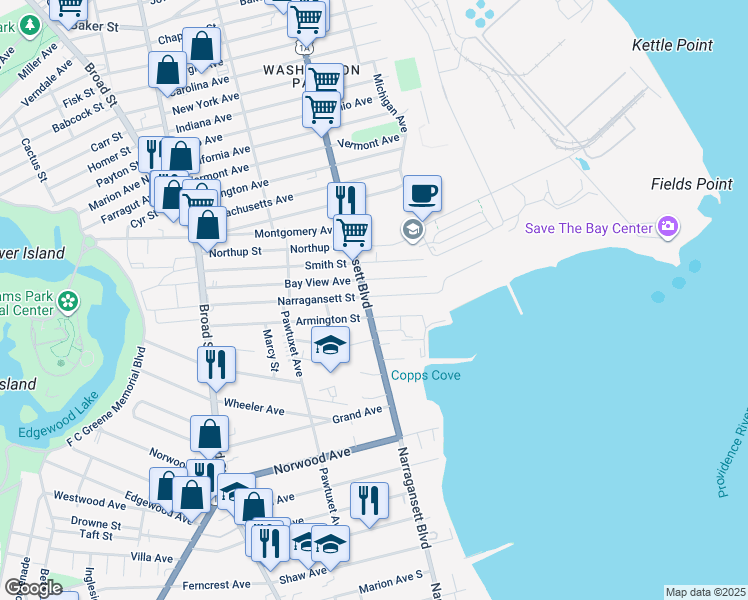 map of restaurants, bars, coffee shops, grocery stores, and more near 1080 Narragansett Boulevard in Cranston