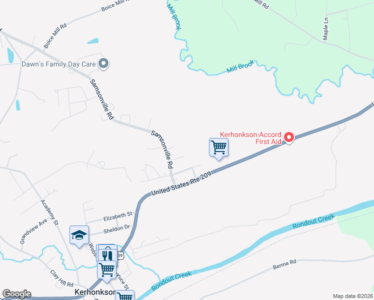 map of restaurants, bars, coffee shops, grocery stores, and more near 22 Samsonville Road in Kerhonkson