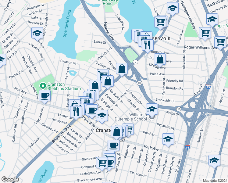 map of restaurants, bars, coffee shops, grocery stores, and more near 337 Beckwith Street in Cranston