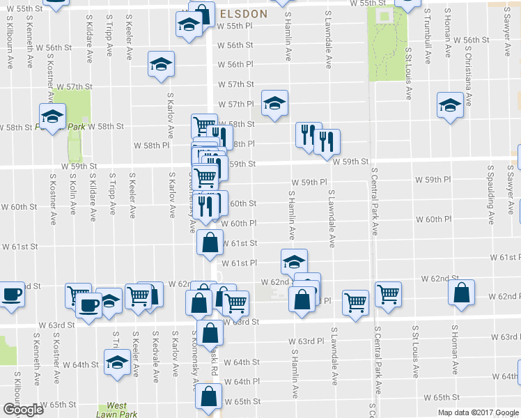 map of restaurants, bars, coffee shops, grocery stores, and more near 3849 W 60th St in Chicago