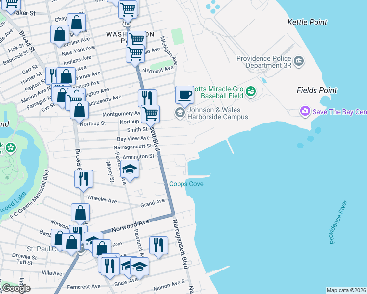 map of restaurants, bars, coffee shops, grocery stores, and more near 70 Narragansett Street in Cranston
