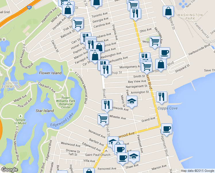 map of restaurants, bars, coffee shops, grocery stores, and more near 307 Narragansett Street in Cranston