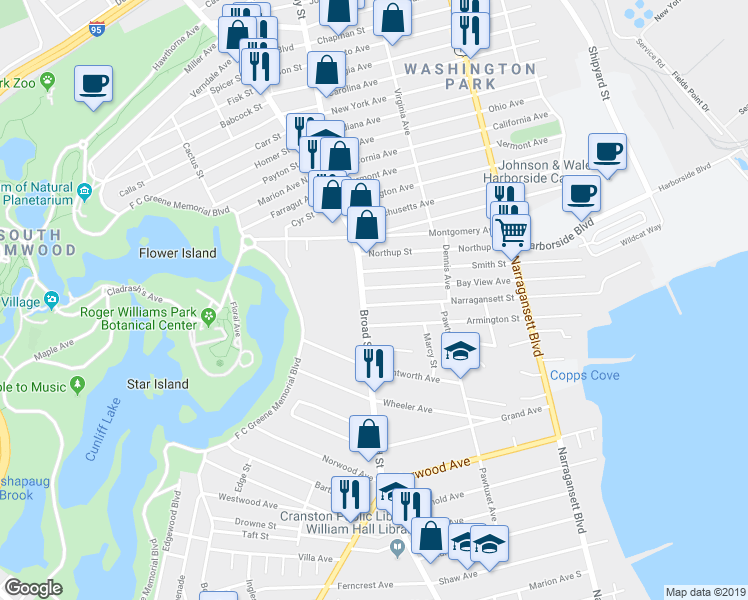 map of restaurants, bars, coffee shops, grocery stores, and more near 1576 Broad Street in Cranston