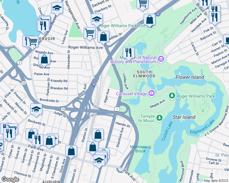 map of restaurants, bars, coffee shops, grocery stores, and more near 10 Carlisle Street in Providence