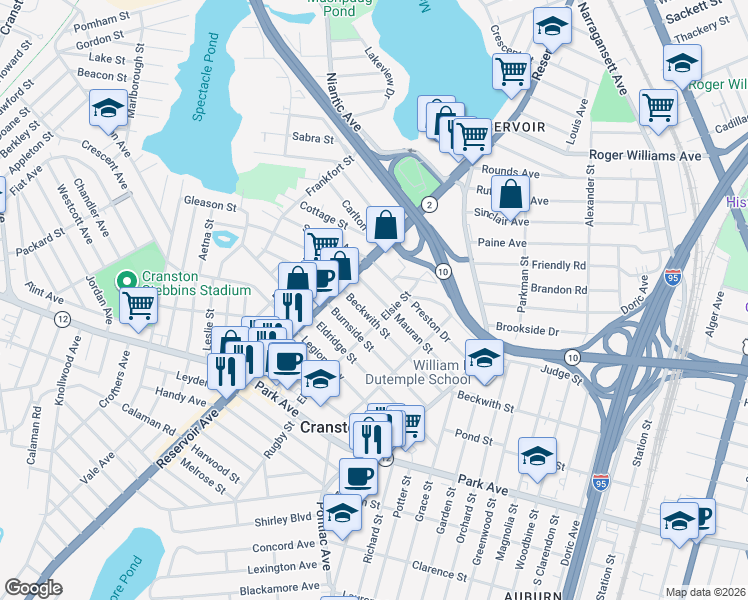 map of restaurants, bars, coffee shops, grocery stores, and more near 337 Beckwith Street in Cranston