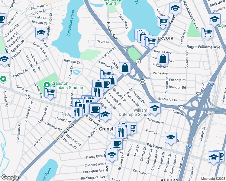 map of restaurants, bars, coffee shops, grocery stores, and more near 337 Beckwith Street in Cranston