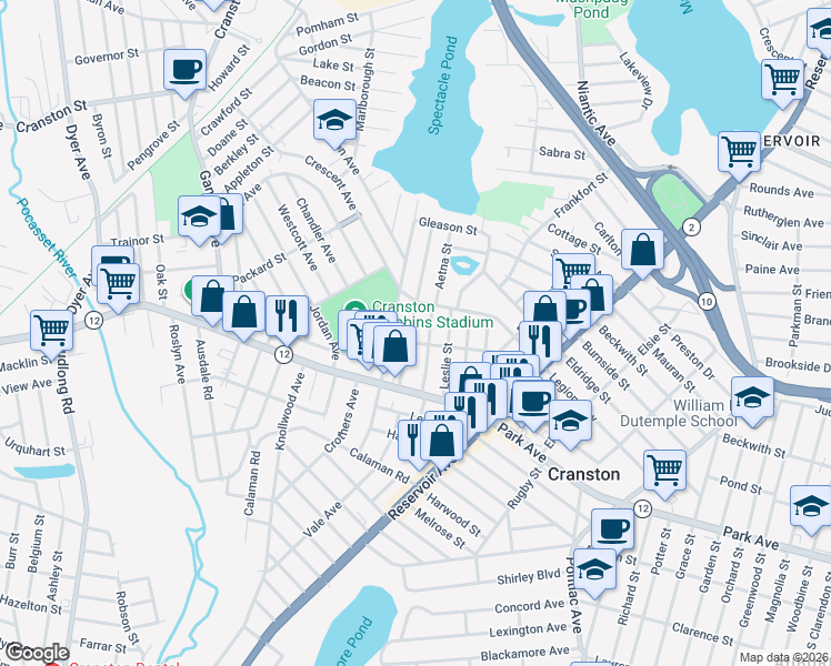 map of restaurants, bars, coffee shops, grocery stores, and more near 62 Grantland Road in Cranston