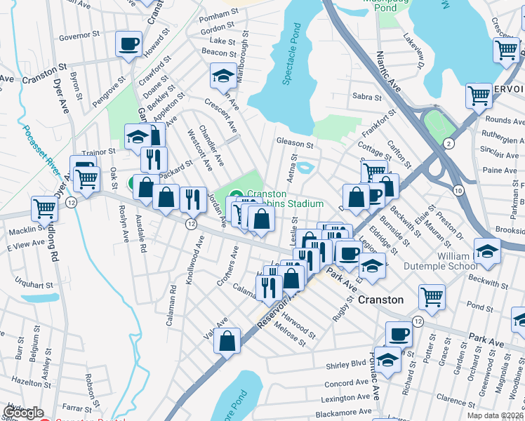 map of restaurants, bars, coffee shops, grocery stores, and more near 50 Midwood Street in Cranston