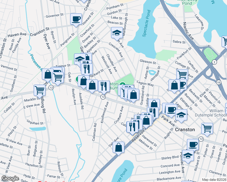 map of restaurants, bars, coffee shops, grocery stores, and more near 17 Overland Avenue in Cranston