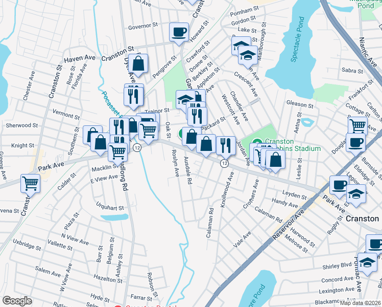 map of restaurants, bars, coffee shops, grocery stores, and more near 1196 Rhode Island 12 in Cranston