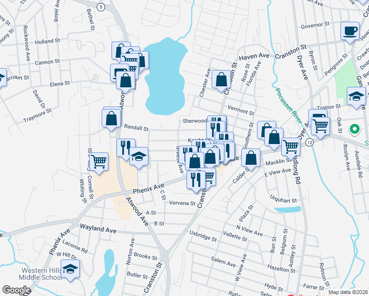 map of restaurants, bars, coffee shops, grocery stores, and more near 55 Greene Avenue in Cranston