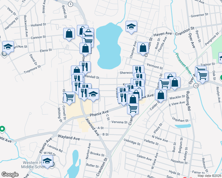 map of restaurants, bars, coffee shops, grocery stores, and more near 24 Briggs Street in Cranston