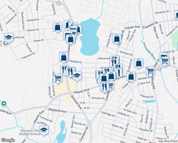 map of restaurants, bars, coffee shops, grocery stores, and more near 24 Briggs Street in Cranston