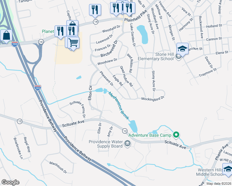 map of restaurants, bars, coffee shops, grocery stores, and more near 147 Pheasant Drive in Cranston