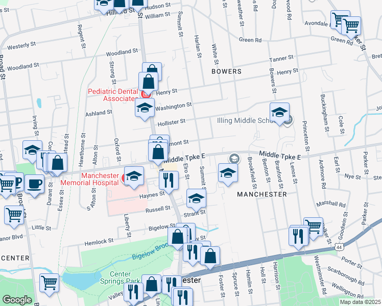 map of restaurants, bars, coffee shops, grocery stores, and more near 59 Middle Turnpike East in Manchester