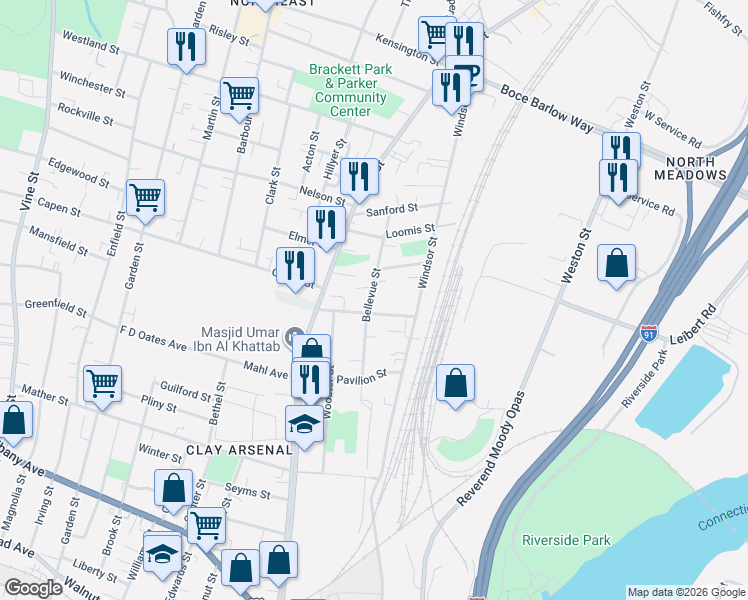 map of restaurants, bars, coffee shops, grocery stores, and more near 269 Bellevue Street in Hartford