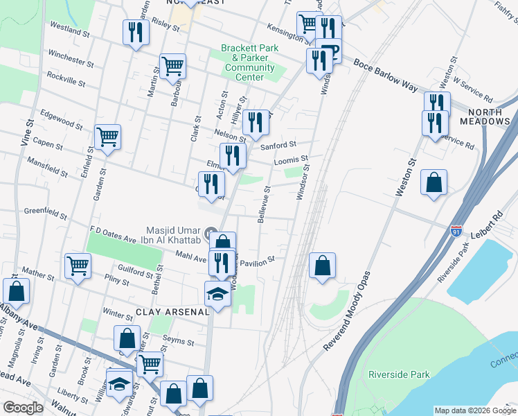 map of restaurants, bars, coffee shops, grocery stores, and more near 269 Bellevue Street in Hartford