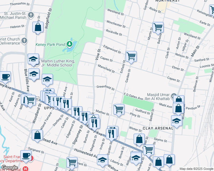 map of restaurants, bars, coffee shops, grocery stores, and more near 66 Greenfield Street in Hartford