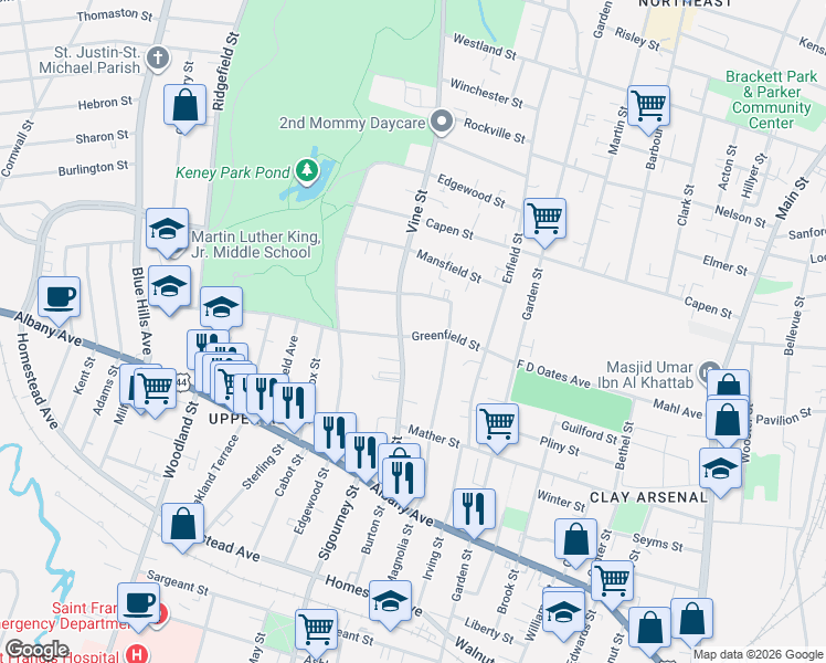 map of restaurants, bars, coffee shops, grocery stores, and more near in Hartford