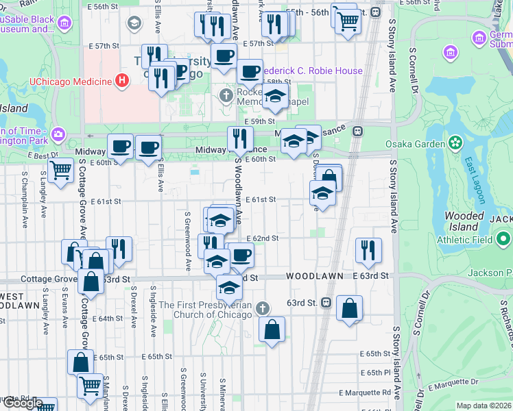 map of restaurants, bars, coffee shops, grocery stores, and more near 6100 South Kimbark Avenue in Chicago