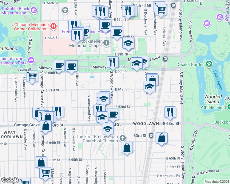 map of restaurants, bars, coffee shops, grocery stores, and more near 6100 South Kimbark Avenue in Chicago